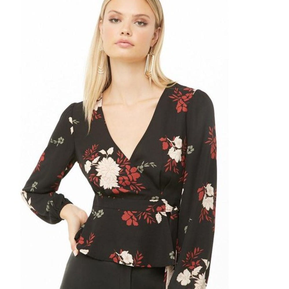 Forever 21 Black Floral Long Sleeve Wrap Top